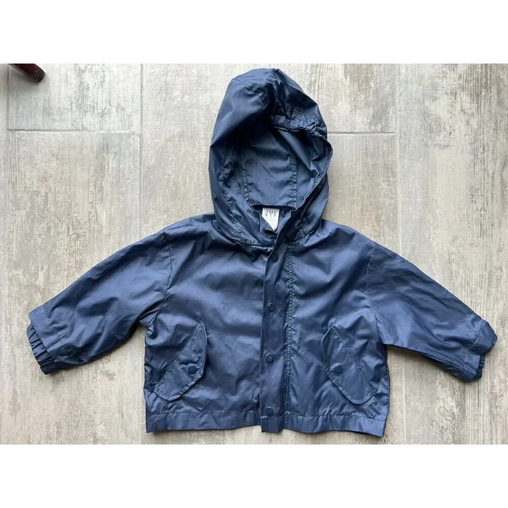 BABY GAP Navy Blue Lightweight Rain Jacket Hooded Package w/ Travel Pouch 12-24M